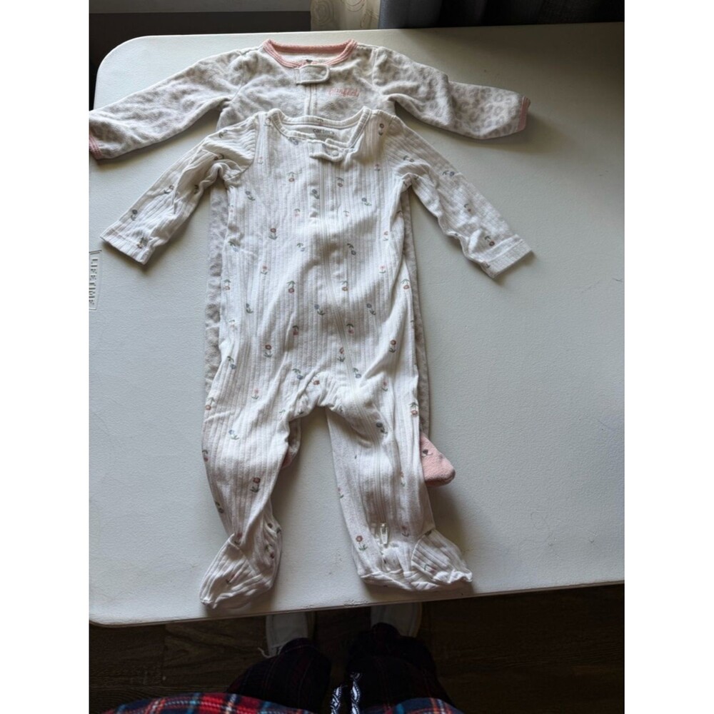 Carter's Cream and Pink Floral Ribbed Footed One-Piece 9 months